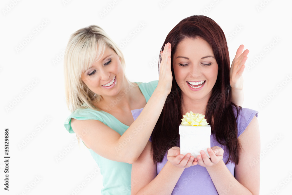 Young woman giving a gift to her friend Young woman giving a gift to her friend