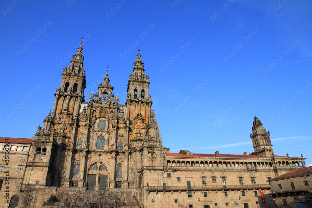 Cathedral of Santiago de Compostela facade with blue sky