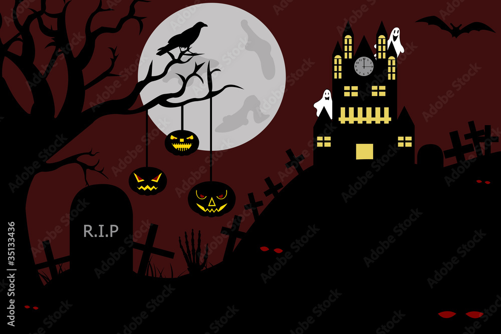 Castle view from a cemetery at night illustration