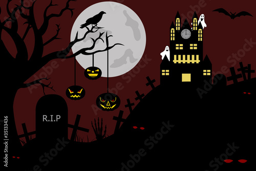 Castle view from a cemetery at night illustration