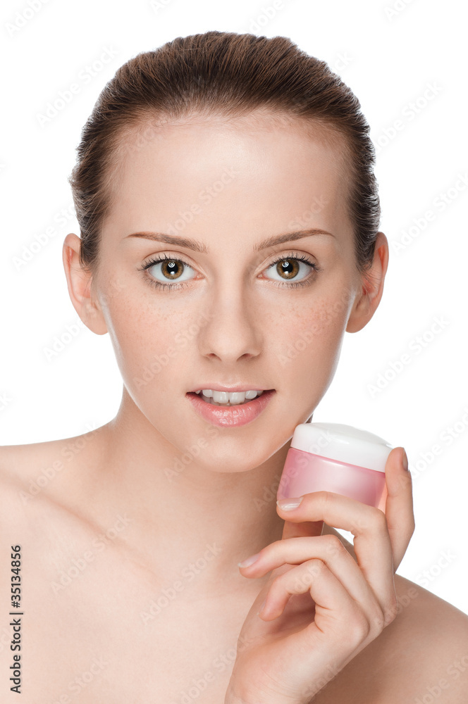 Beautiful woman tender jar of cream Beautiful woman tender jar of cream
