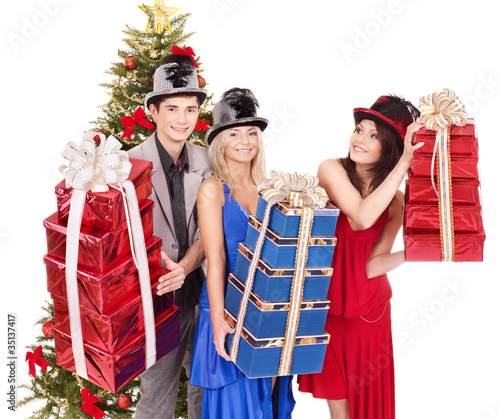 Group young people holding stack gift box.