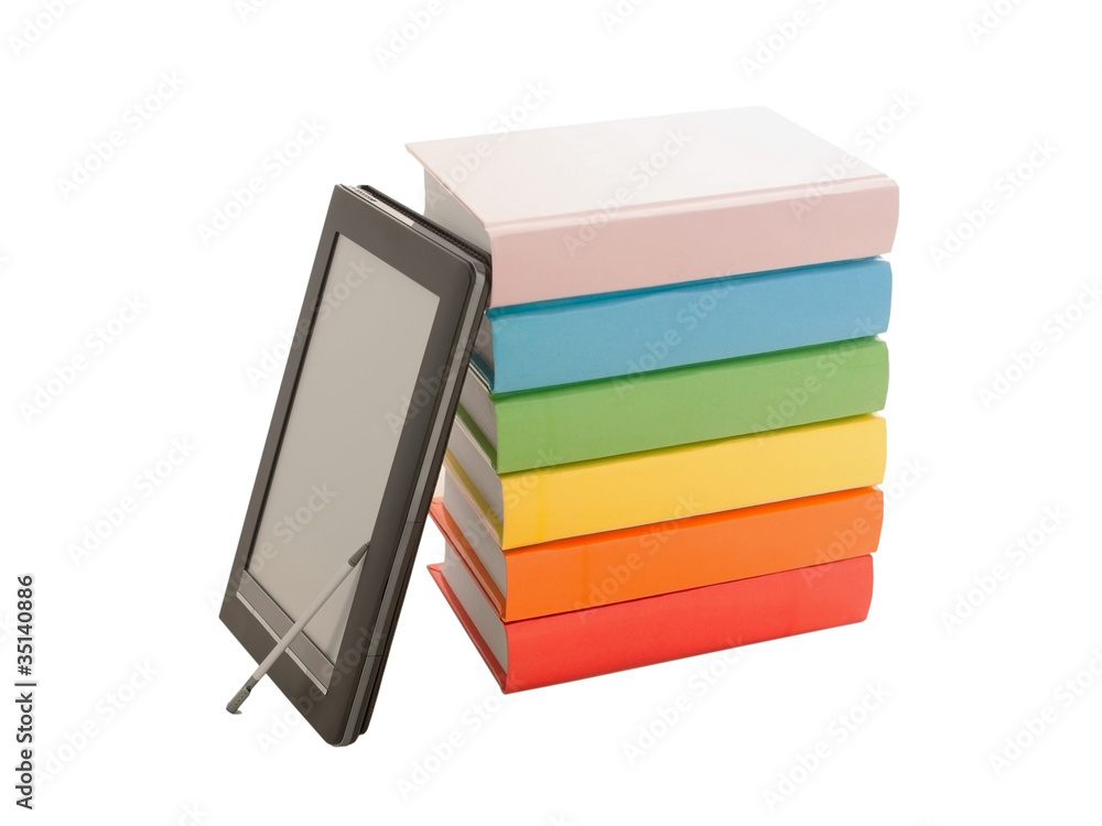 Books and electronic book reader isolated on white
