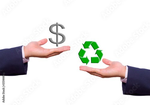 business man hand exchange dollar sign and recycle icon
