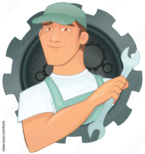 Vector handyman character in wheel design