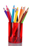 Bright pencils in red holder isolated on white