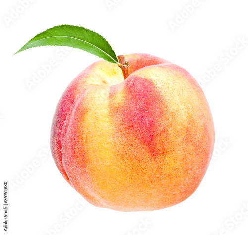ripe peach fruit with green leafs isolated on white background