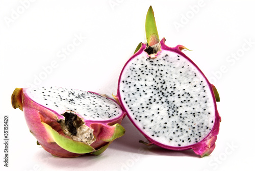 A cut of dragon fruit shot on white background.