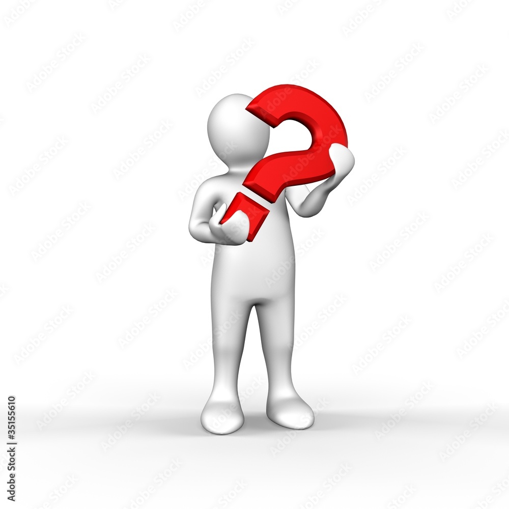 Illustrated white figure holding red question mark Illustrated white figure holding red question mark