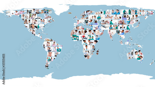 Pictures of doctors forming a world map