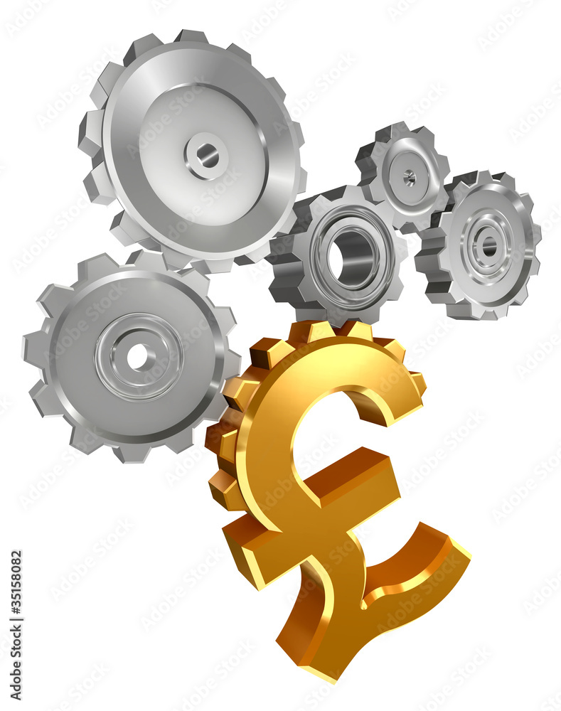 pound golden symbol and metal cogs pound golden symbol and metal cogs