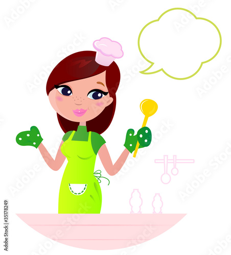 Young beautiful woman with speech bubble cooking in the kitchen.