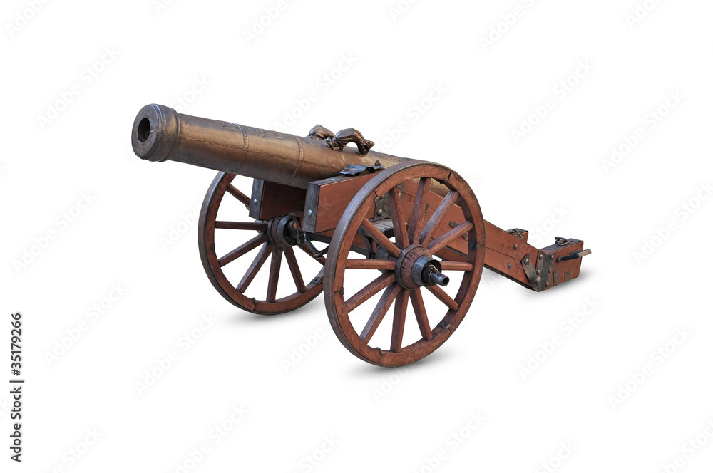 Ancient cannon on wheels isolated on white background