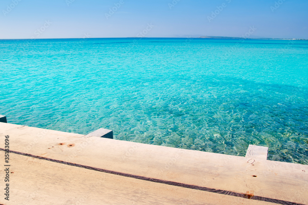 Formentera beach wood pier turquoise balearic sea