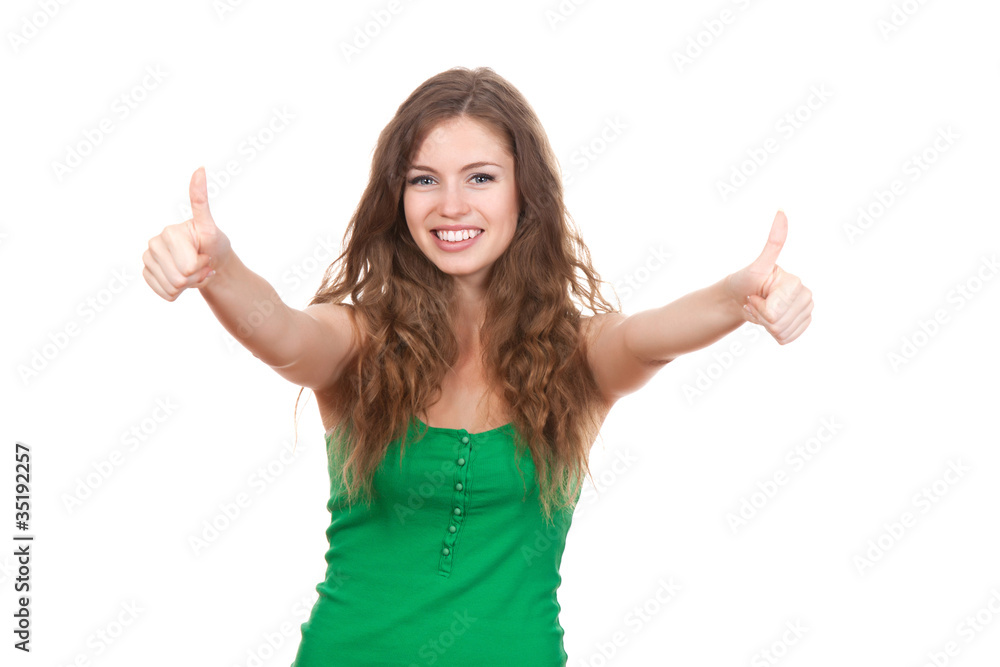 teenage girl show thumbs up gesture, smile with white teeth teenage girl show thumbs up gesture, smile with white teeth