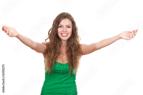smile teenage girl raised up arms hands at you