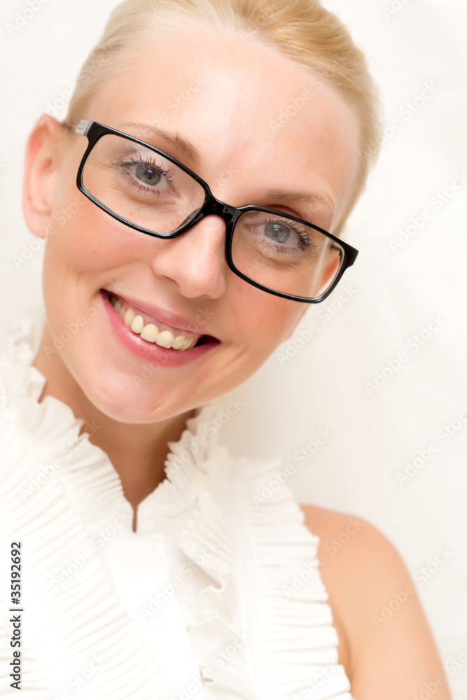 blond lady with glasses in white background blond lady with glasses in white background
