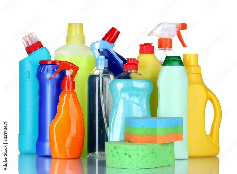 detergent bottles and sponges isolated on white detergent bottles and sponges isolated on white