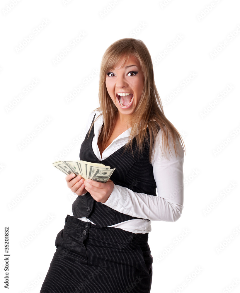 Attractive young business woman happy with money Attractive young business woman happy with money