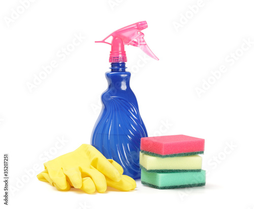 Cleaner, sponges and rubber gloves  on white background
