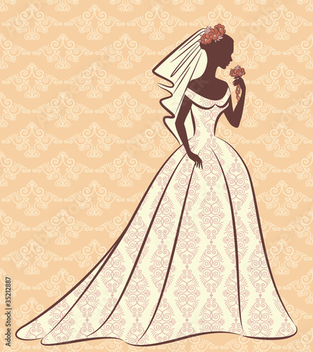 Vintage silhouette of beautiful bride in dress.