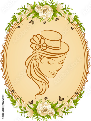 silhouette of girl in hat and flowers.