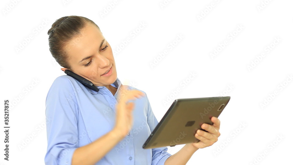 Businesswoman with tablet computer and mobile phone, isolated Businesswoman with tablet computer and mobile phone, isolated