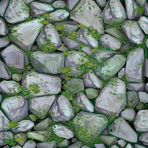 Vector seamless texture of stones in grey colors covered moss.