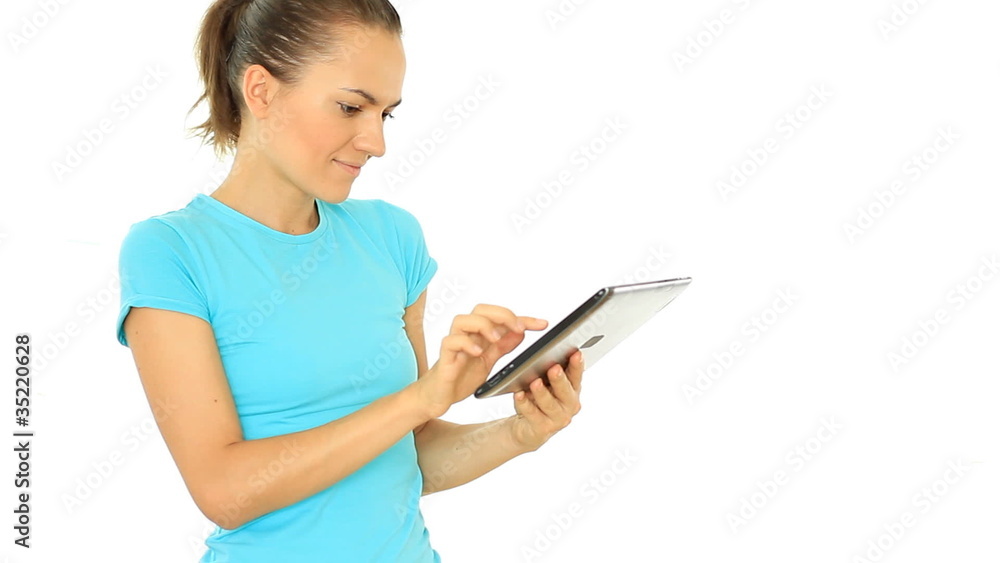 Happy attractive woman with tablet computer, isolated Happy attractive woman with tablet computer, isolated