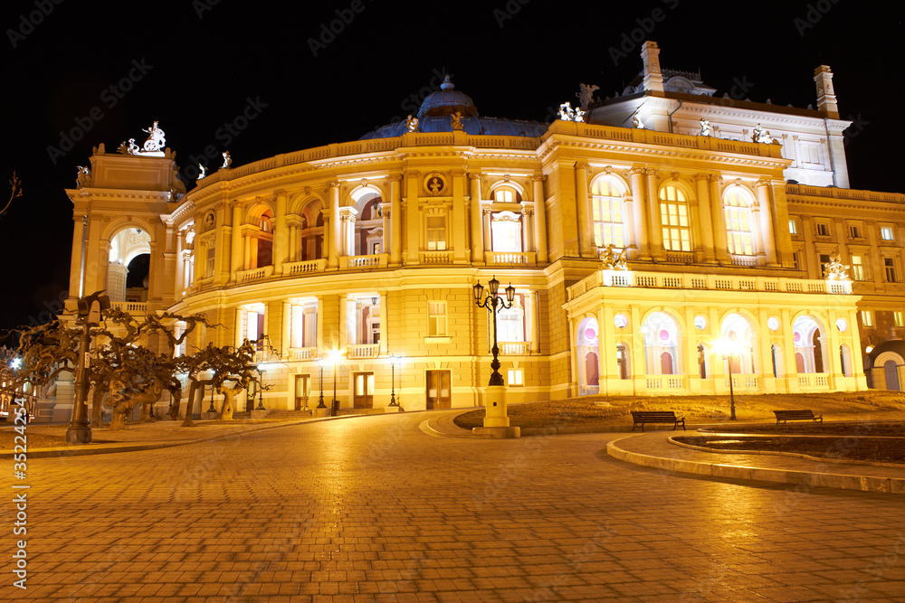 Night view of the opera house in Odessa