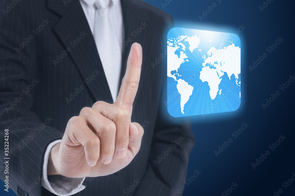 businessman pressing world map touch screen button businessman pressing world map touch screen button