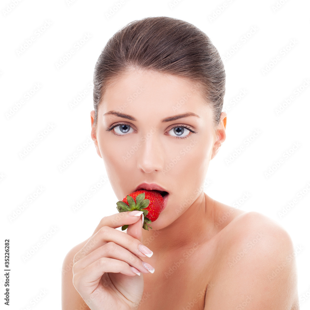 woman's face with red strawberry woman's face with red strawberry