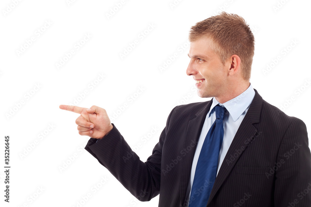 business man pointing to his side business man pointing to his side
