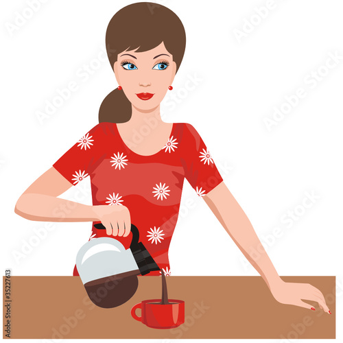 Woman on kitchen pours coffee. vector