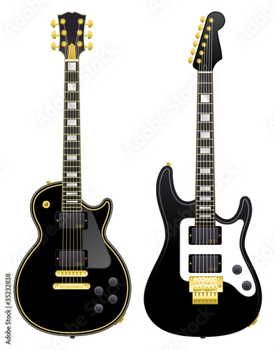 Two black electric guitars