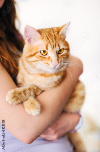 Girl holding beautiful orange tomcat © Maria Sbytova