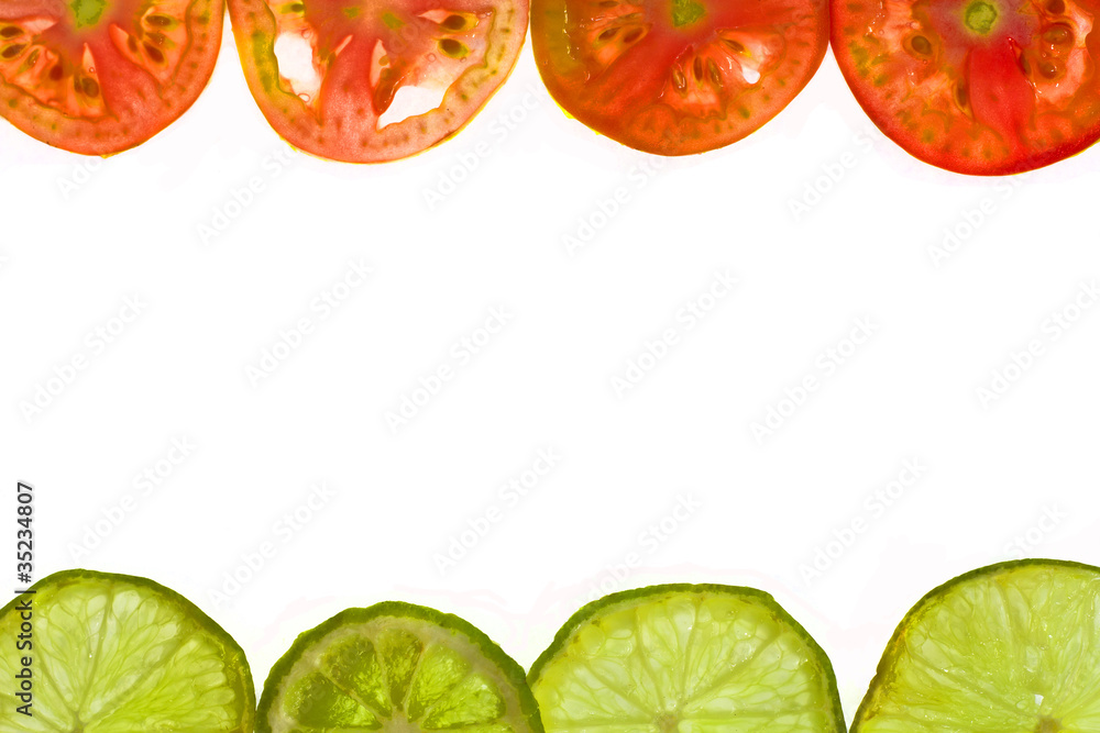 Pieces of sliced tomato and lemon frame Pieces of sliced tomato and lemon frame