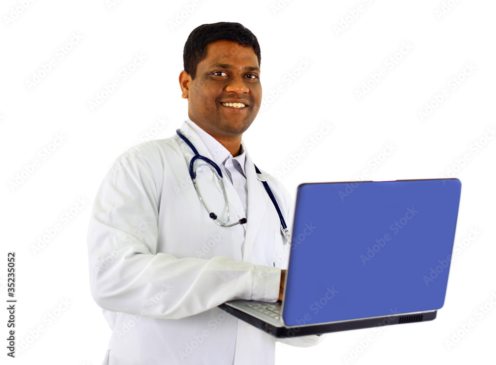 Friendly Afro-American doctor working on a laptop Friendly Afro-American doctor working on a laptop
