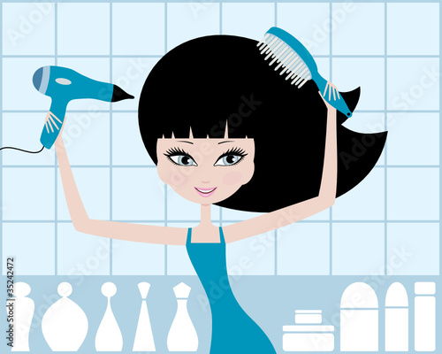 Pretty girl dries hair. vector