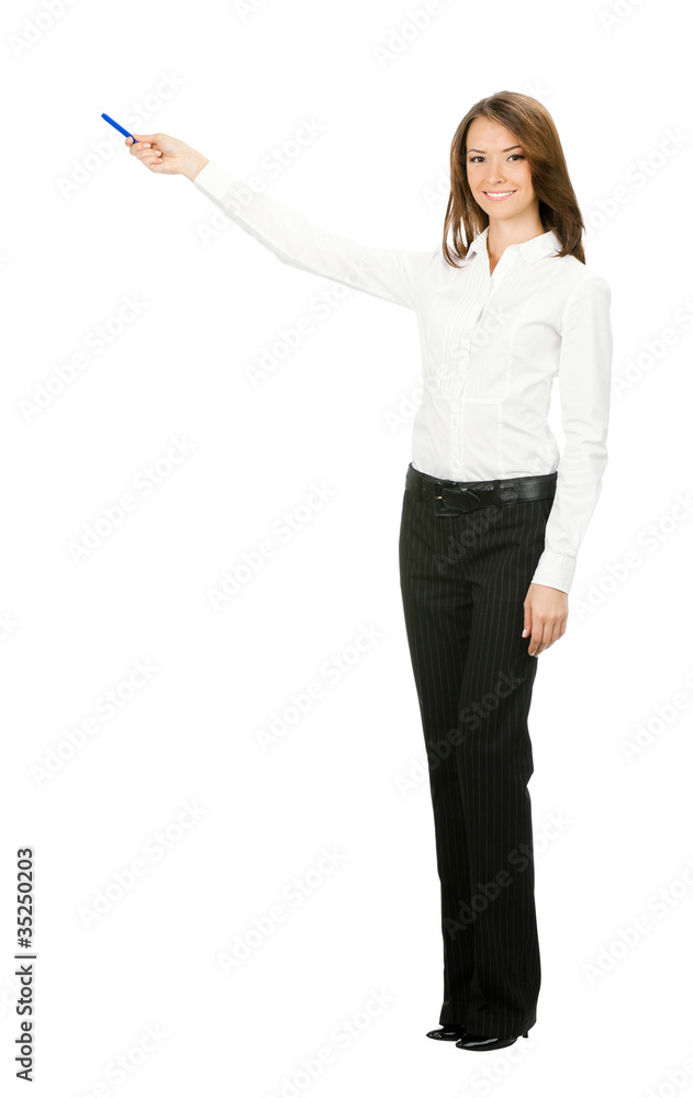Full body business woman showing, isolated Full body business woman showing, isolated