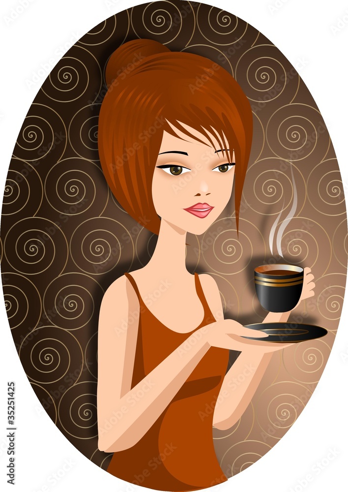 Ładna kobieta z filiżanką gorącej kawy. - obrazy, fototapety, plakaty 