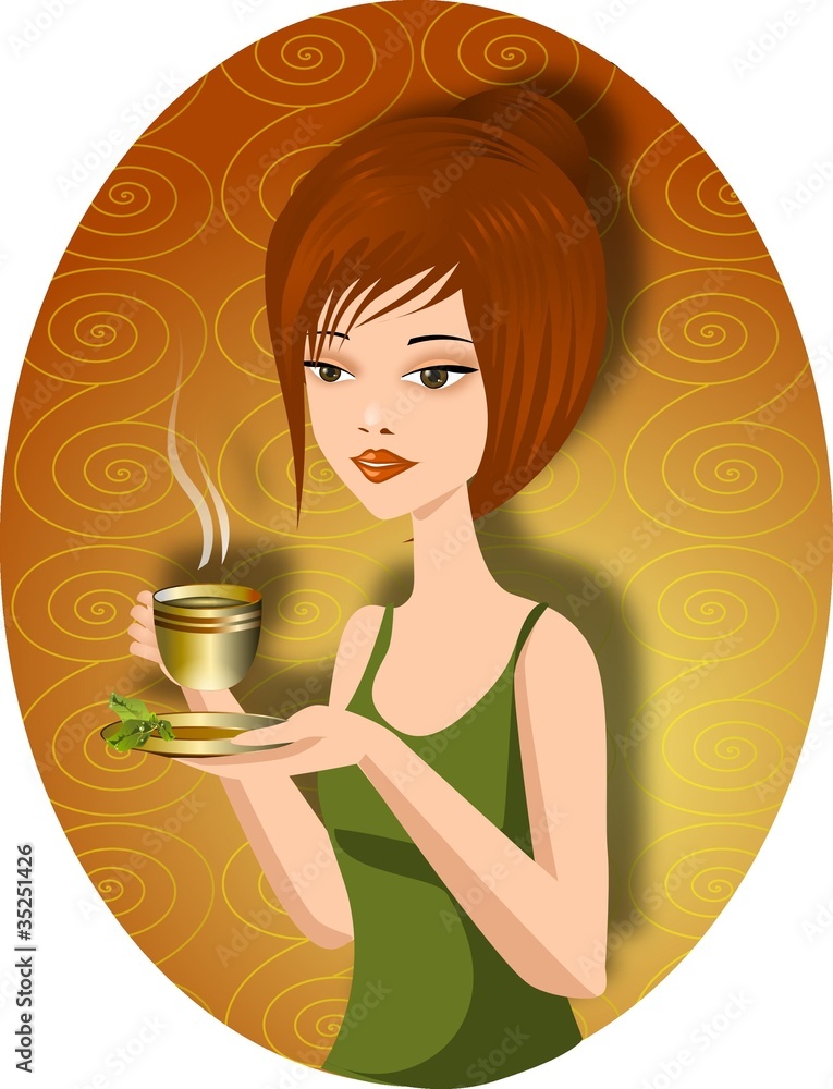 kobieta pijąća zieloną herbatę - obrazy, fototapety, plakaty 
