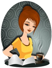 Fototapete Malerische Inspiration Frau mit Kaffee liest Zeitung  © bruniewska