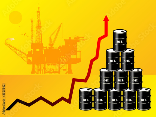 Oil barrels with price graph, vector illustration