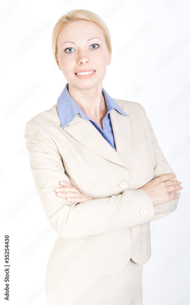 Business woman looking at camera and smiling. Over white backgro Business woman looking at camera and smiling. Over white backgro