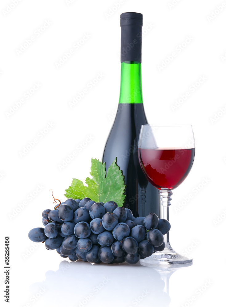 Bottle and goblet of red wine with banch of grapes isolated