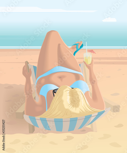 Woman with glass of juice in her hand sitting near sea line