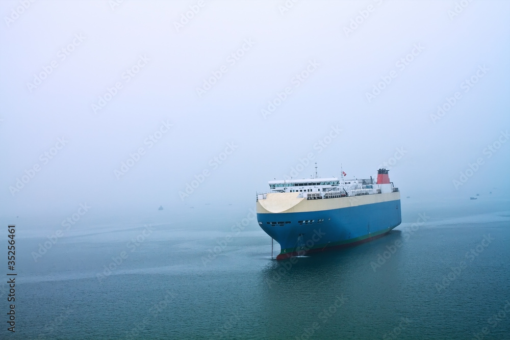 Cruise stops in the sea in a foggy day