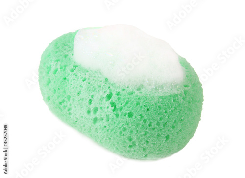 Green sponge with foam isolated on white background