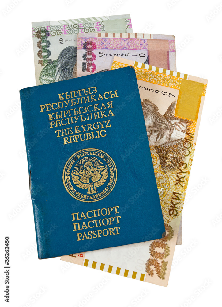 Naklejka premium Kyrgyz passport and money, isolated on white background